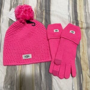 UGG Bright Pink Knit Beanie and Gloves Set